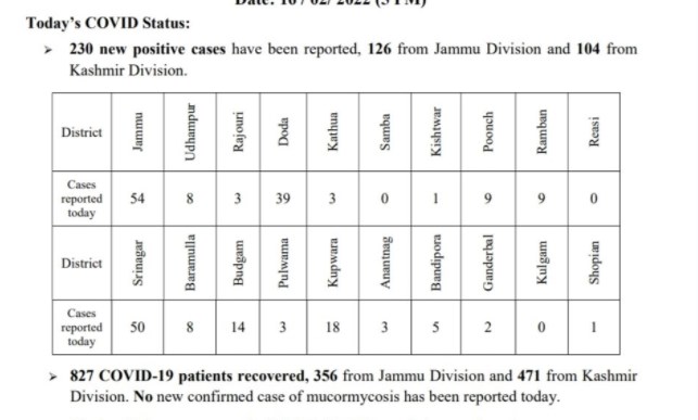 J&K reports 230 fresh Covid infections; no death reported